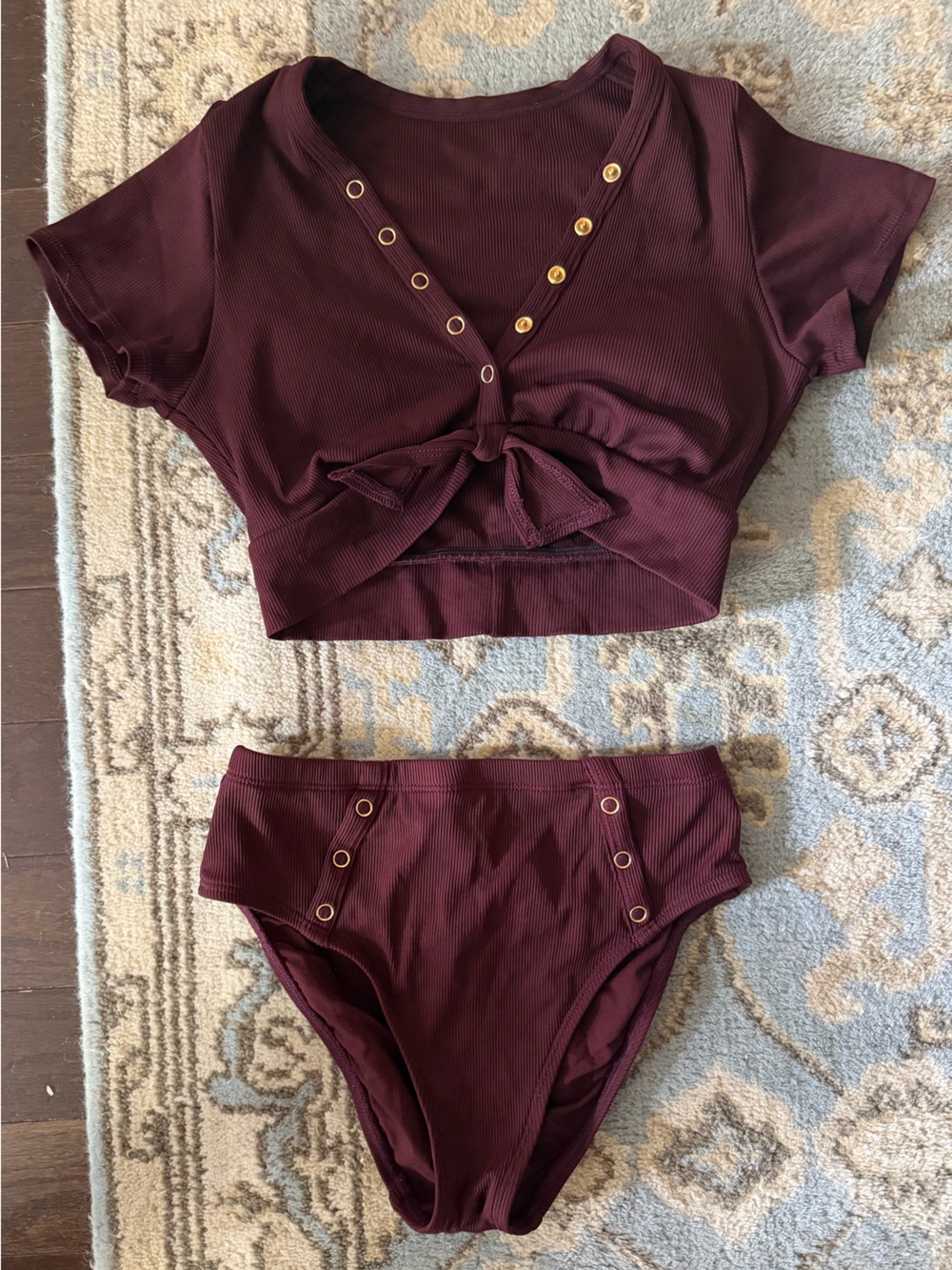 Robin piccone Amy raglan bikini. Ribbed Knot-Front Bikini Set - Burgundy / brown